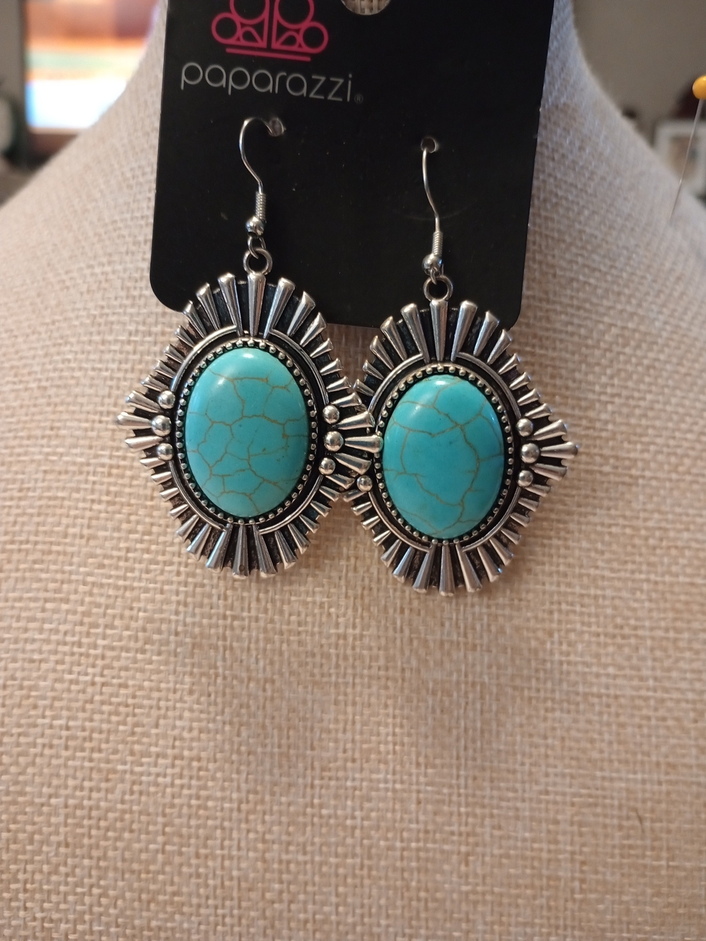 paparazzi Turquoise Oval Sunburst Drop Earrings - Silver-Toned